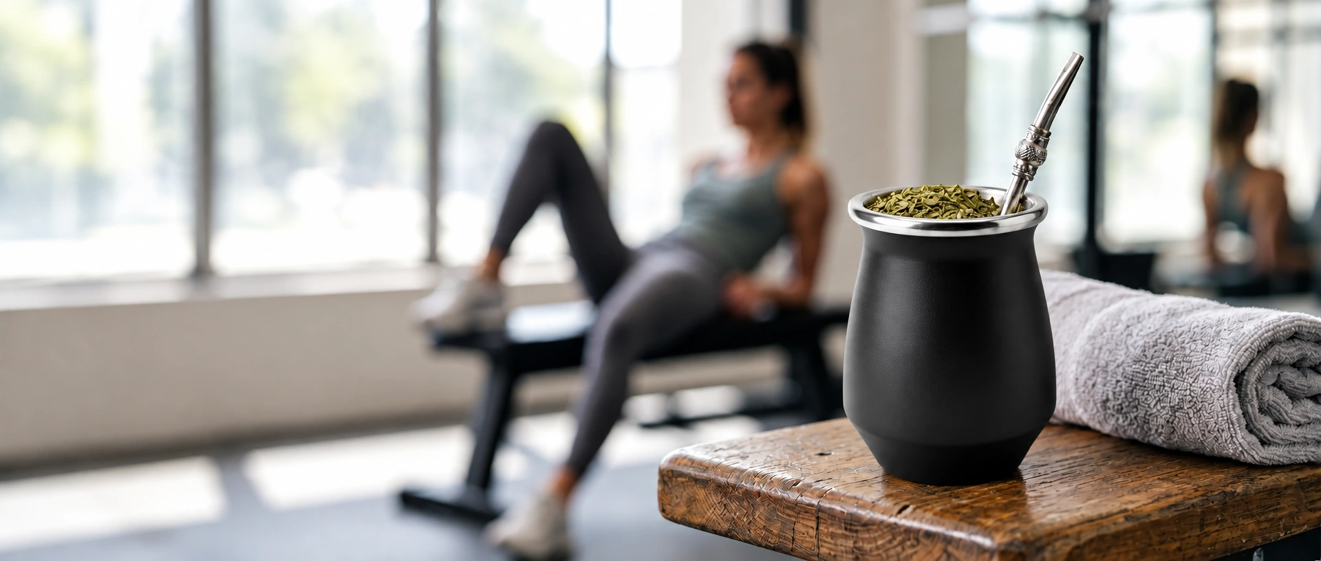 Mate térmico «Noche» en un banco de gimnasio